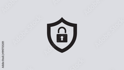 A black shield icon with a padlock symbolizes security and protection on a gray background