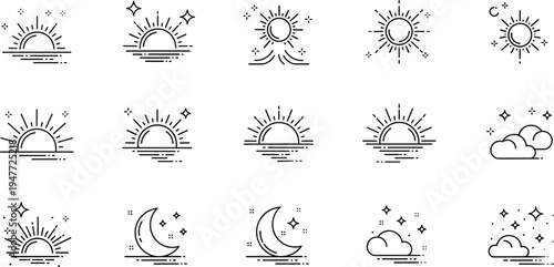 Sunrise sunset and weather sky line icon set with sun moon cloud day night nature illustration
