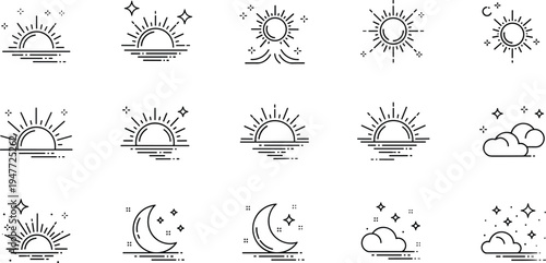 Sunrise sunset and sky weather line icon set with sun moon cloud day night nature illustration