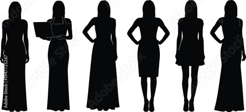 Elegant woman silhouettes collection including standing female poses, businesswoman holding laptop and fashion model figures isolated on white background
