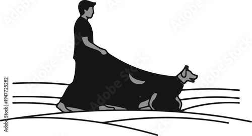 Person holding fabric draped over a dog on abstract ground