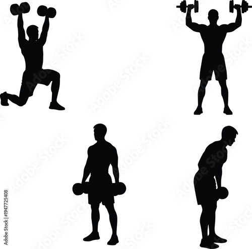 Fitness workout silhouettes with dumbbells weightlifting exercises set isolated vector illustration for gym training bodybuilding and strength exercise design
