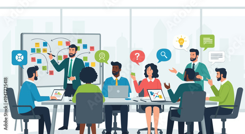 Diverse team collaborating in a modern office meeting.