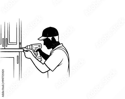 Person in cap using electric drill to fasten piece on furniture