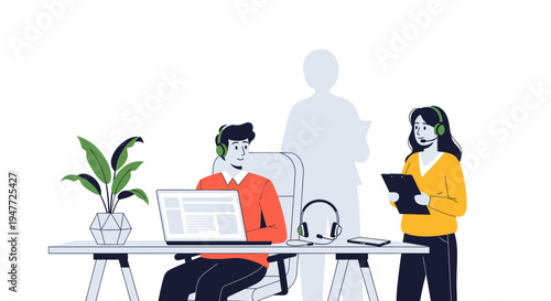 Two people working in a modern office environment.