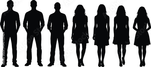 Diverse men and women standing in lineup silhouette set, full body human figures isolated on white background people collection concept