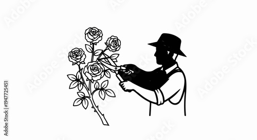 Person in hat tending to blooming roses with shears