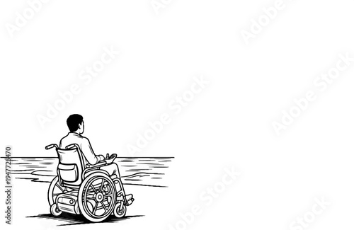 Person in powered wheelchair facing tranquil ocean waters