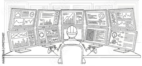 Person in hard hat observing multiple screens displaying data and charts