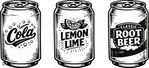 Vintage Hand Drawn Soda Can Set - Cola, Lemon Lime and Root Beer Black and White Sketch Illustration