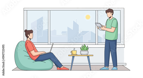 Two people working in a modern office space.