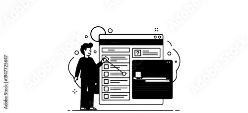 Person interacting with a digital interface, selection list and query box