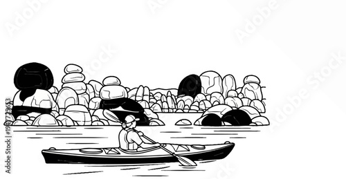 Person kayaking in calm water near rocky shore, line art illustration