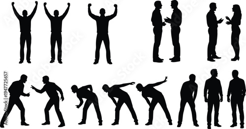 Men silhouettes collection with standing celebrating arguing and talking poses isolated vector set for people communication action illustration
