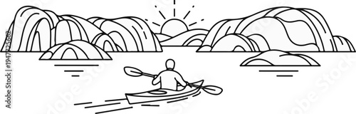 Person kayaking near rocky shore with sunrise over mountains