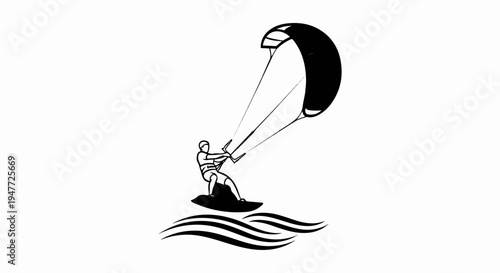 Person kitesurfing over waves, dynamic pose, black and white illustration