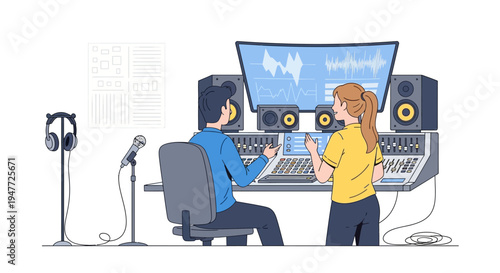Two people working in a modern recording studio setting.