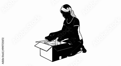 Person kneeling, arranging clothes into an open cardboard box