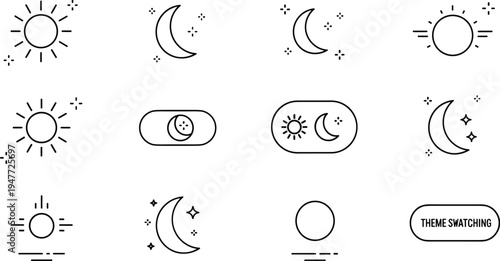 Dark mode light mode UI theme switch line icon set with sun moon day night toggle illustration