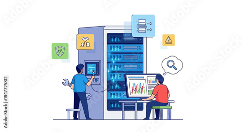 Two people working on a large computer server system.