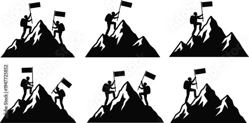 Mountain climbers reaching summit with flag silhouettes adventure hiking success concept explorers on peak isolated on white background