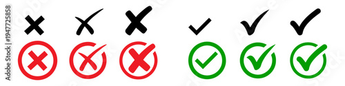 Check box icon with right and wrong button icon vector illustration. Hand drawn checkmark illustration. green tick box and red cross. Editable stroke.