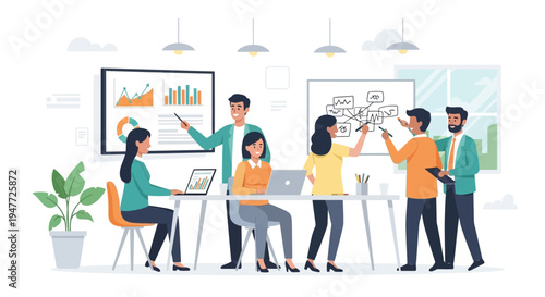 Diverse team collaborating in a modern office meeting.