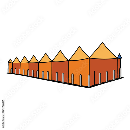 A refugee camp fence stands as a barrier, enclosing tents and people, symbolizing both safety and restriction in a space of hope and hardship.
