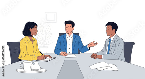 Three diverse professionals in a business meeting discussing ideas.