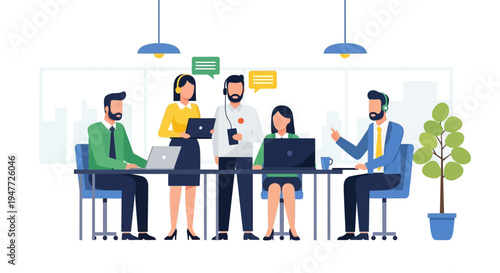 Diverse team collaborating in a modern office meeting.