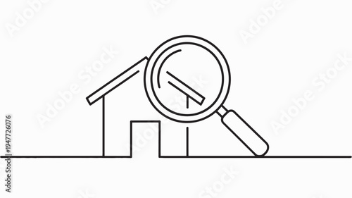 A simple line drawing of a house with a magnifying glass and a declining interest rate symbol