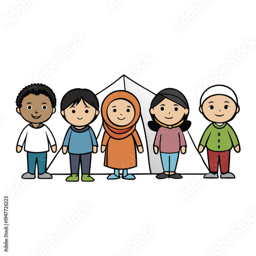 Refugee kids stand together with hope in their eyes, carrying dreams and courage, navigating a world of challenges while seeking safety, warmth, and belonging.
