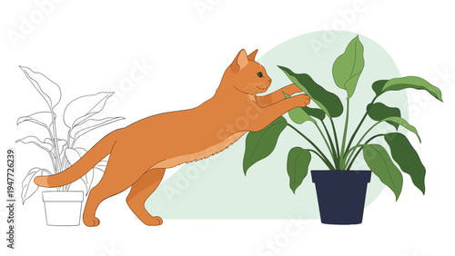 Curious orange ginger cat playing with green leaves of indoor potted plant in domestic setting with soft afternoon lighting.
