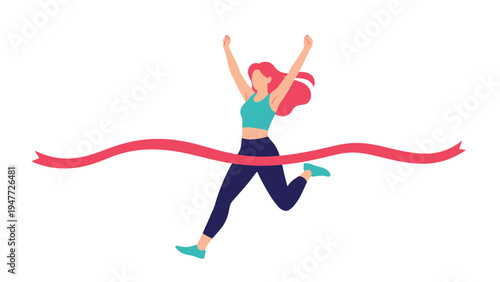 Determined female runner crossing red finish line tape with arms raised in victory during outdoor athletic race or marathon.