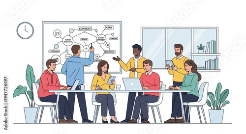 Diverse team collaborating in a modern office meeting.