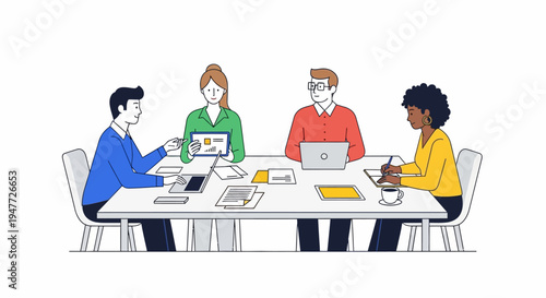 Diverse team collaborating in a modern office meeting.