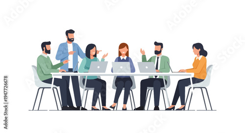 Diverse team collaborating in a modern office meeting.