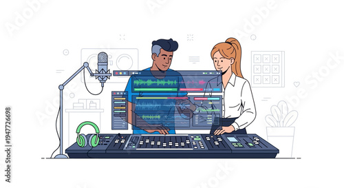 Two people working together in a music production studio.