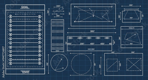 Detailed Blueprint of an American Football Field and Equipment.
