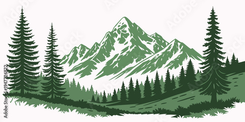 A green mountain landscape with trees and a snow capped peak Vector
