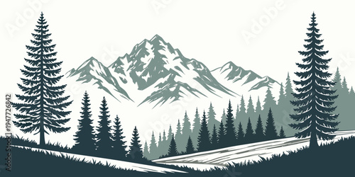 A scenic mountain landscape with pine trees and snow Vector