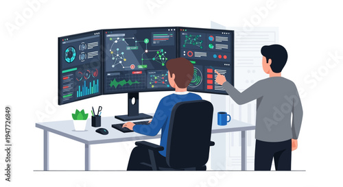 Two people working together on a complex computer system.