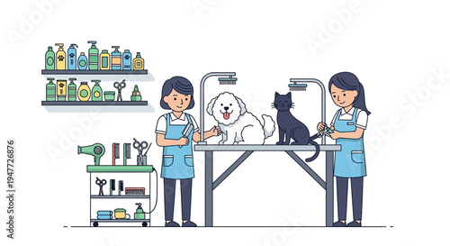 Two professional groomers caring for pets at a salon.