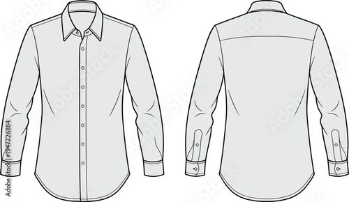Long sleeve button down shirt outline, front and back view, vector clothing template, apparel mockup, fashion technical drawing, isolated illustration