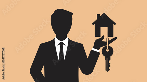 A silhouette of a man in a suit holding a house key and a house icon on a peach background.