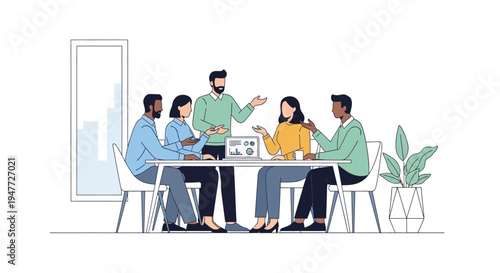Diverse team collaborating in a modern office meeting.