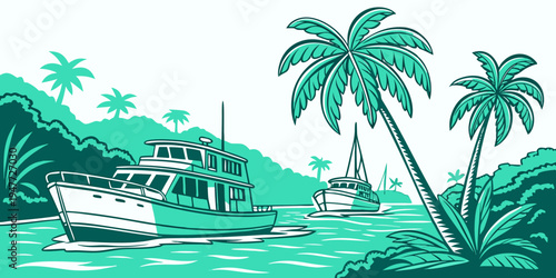 A boat is sailing near a tropical island with palm trees Vector