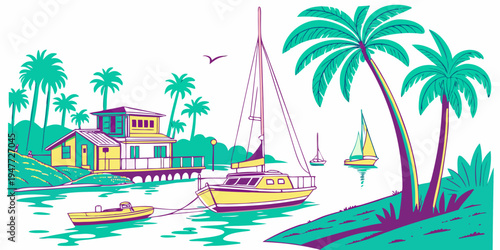 A tropical island scene with boats and palm trees Vector