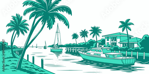 A boat is docked near a tropical shore with palm trees Vector