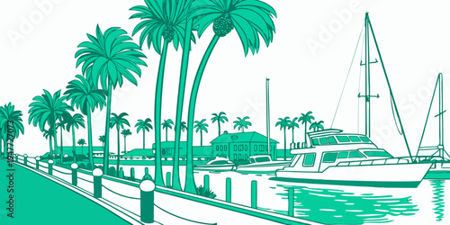 A green illustration of a marina with boats and palm trees Vector